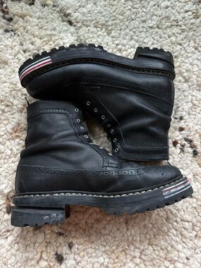 Thom Browne Black Leather Lug Sole Combat Boots with Signature Stripe